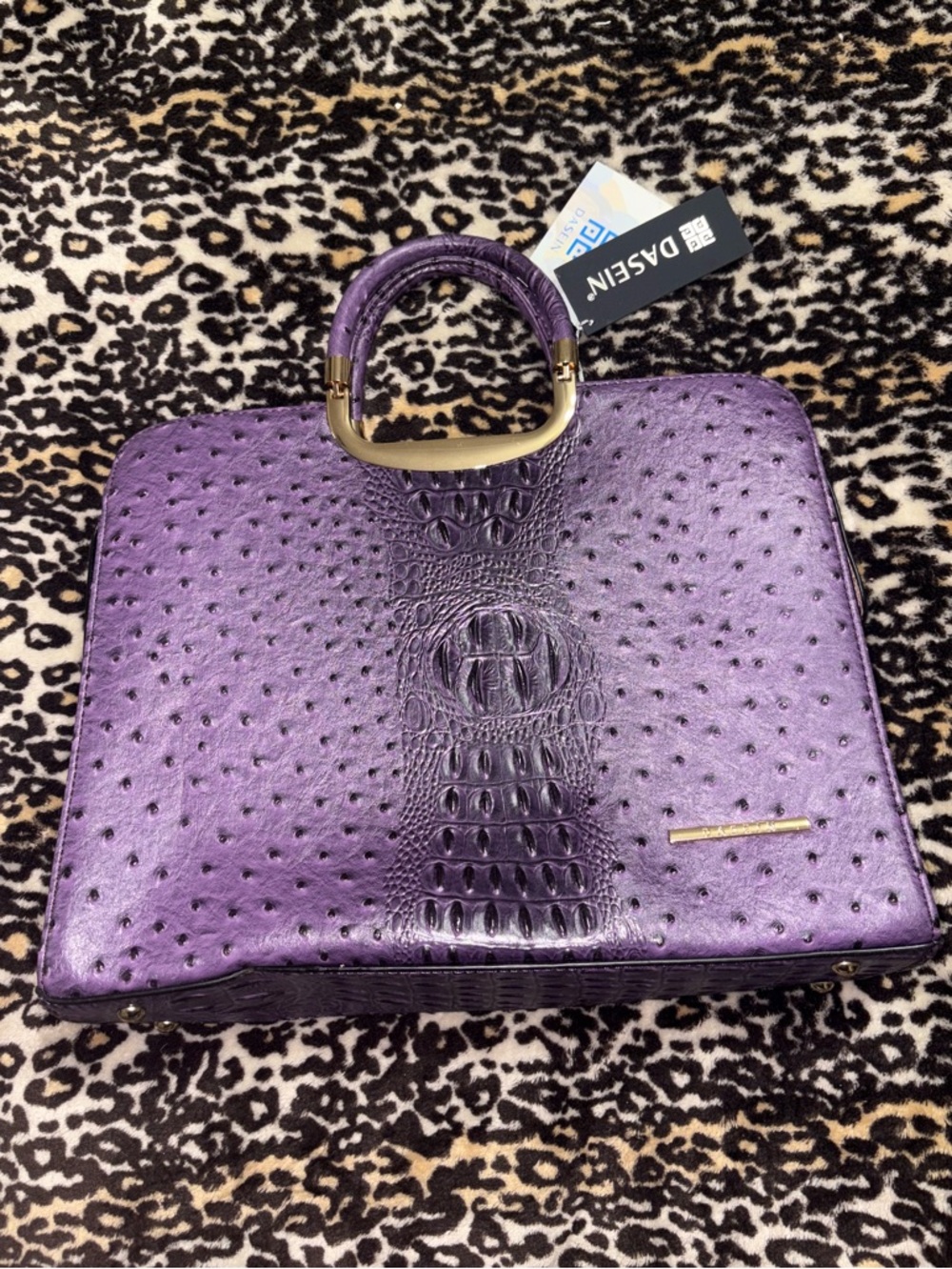 Dasen Purple Croc & Ostrich-Texture Top-Handle Satchel